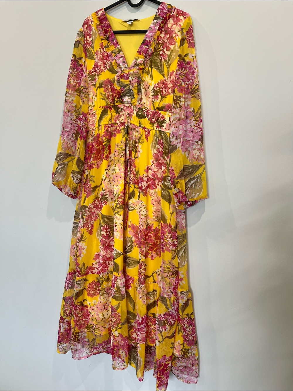 Yellow Floral Ruffle Maxi Dress medium, full sleeve